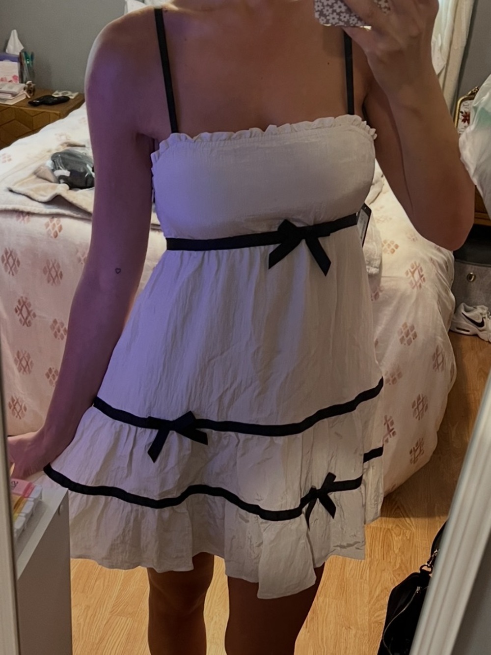 NWOT Cream Mini Dress with Black Trim and Bow Details